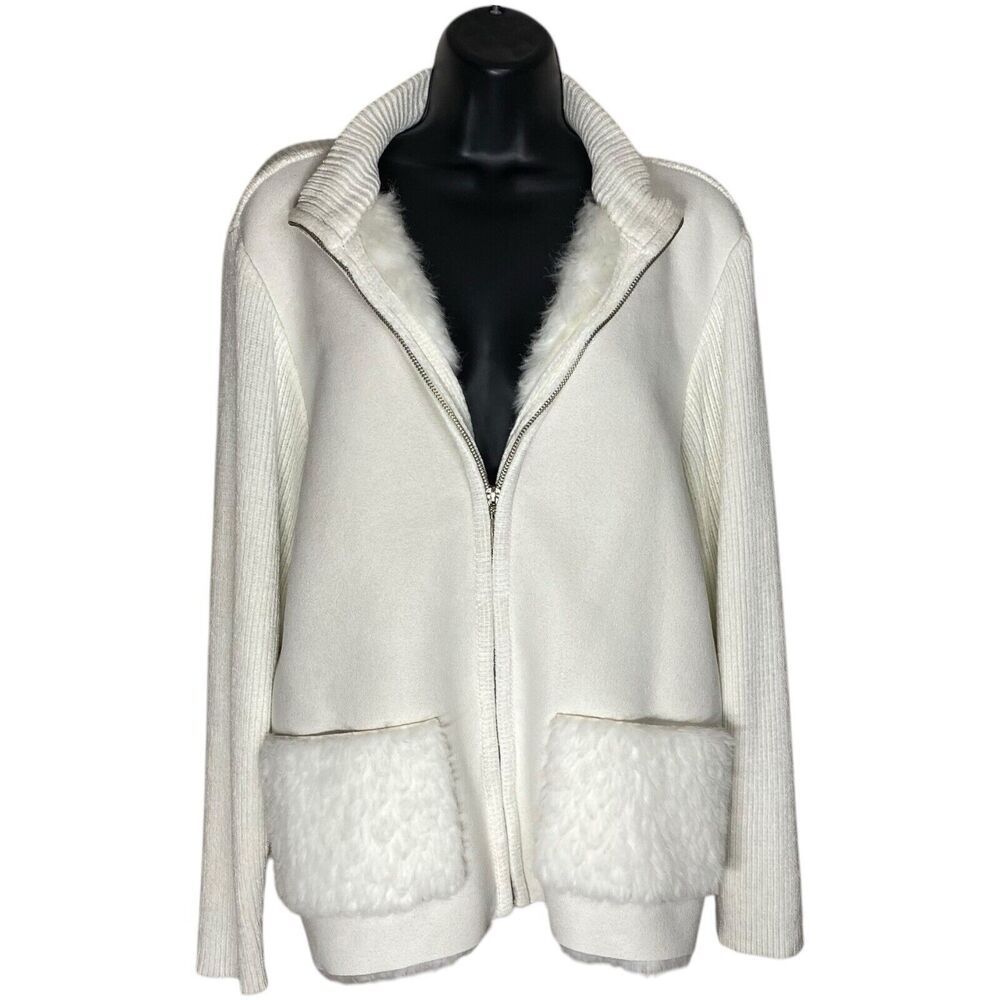 Vtg Lisa International Cardigan Sweater Womens M White Faux Fur Zip Y2K Mob Wife